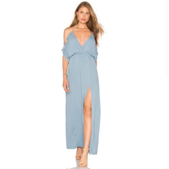 Lovers + Friends Cold Shoulder Faux Wrap Maxi Dress Blue Size L NWT